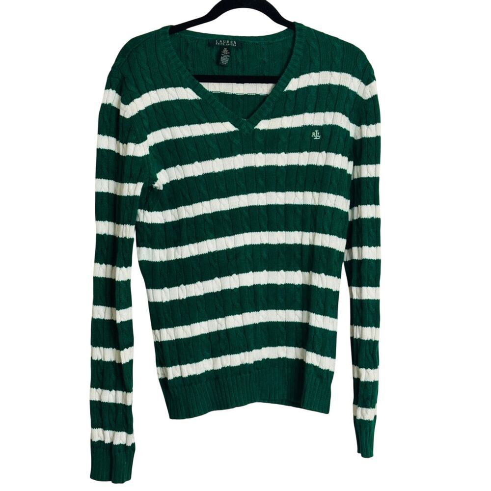 Ralph Lauren Green and White Striped Cable Cord V Neck Sweater Size M